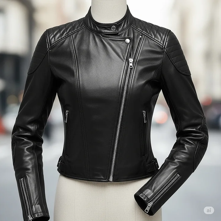 A modern, cropped women's leather jacket perfect for both riding and casual wear.