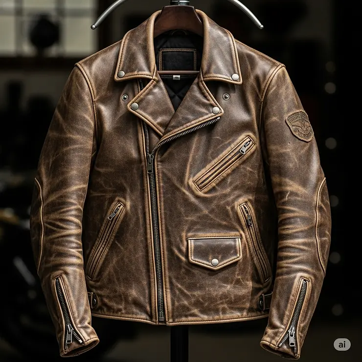 A brown distressed leather jacket, a common style for cruiser motorcycle riders.
