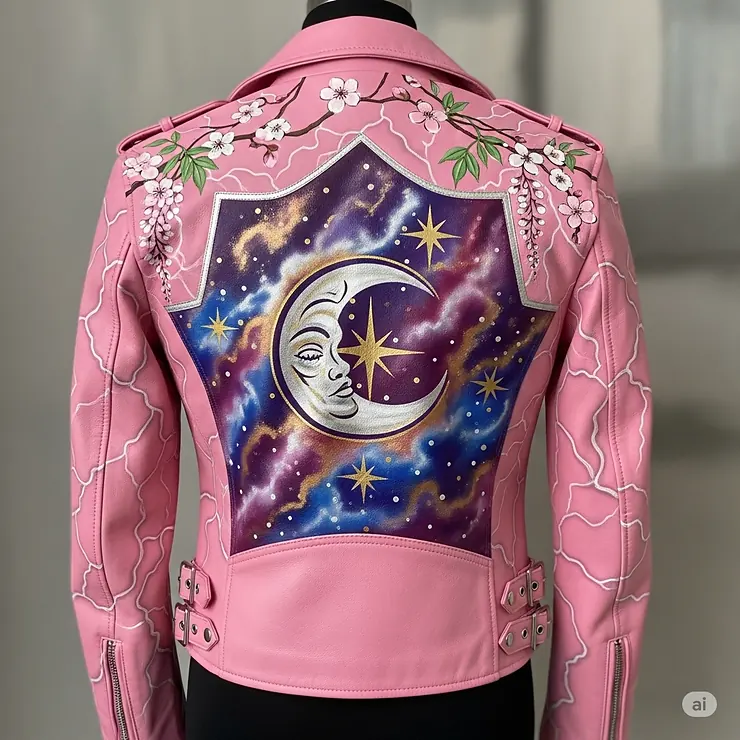 A unique, custom-painted pink motorcycle jacket with artistic detailing on the back, making it a standout piece.