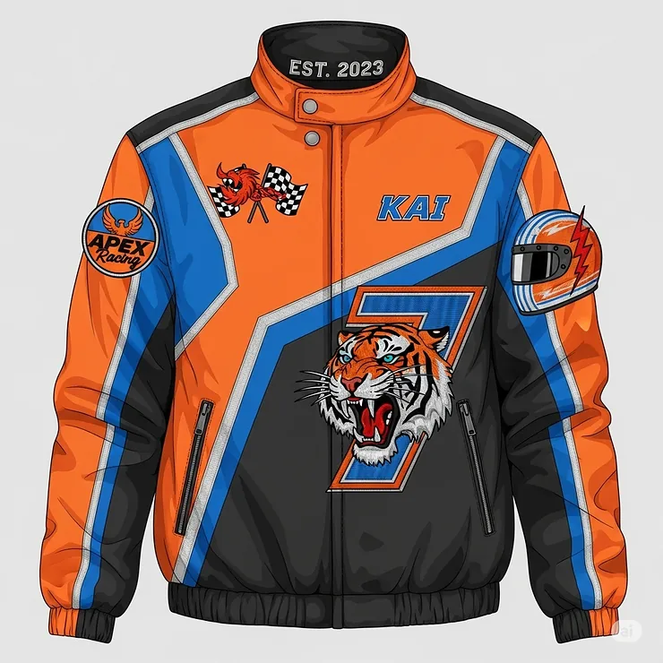An illustration of a custom-designed racing jacket, featuring personalized colors, unique patches, and embroidered text, showing the versatility of personalized apparel.