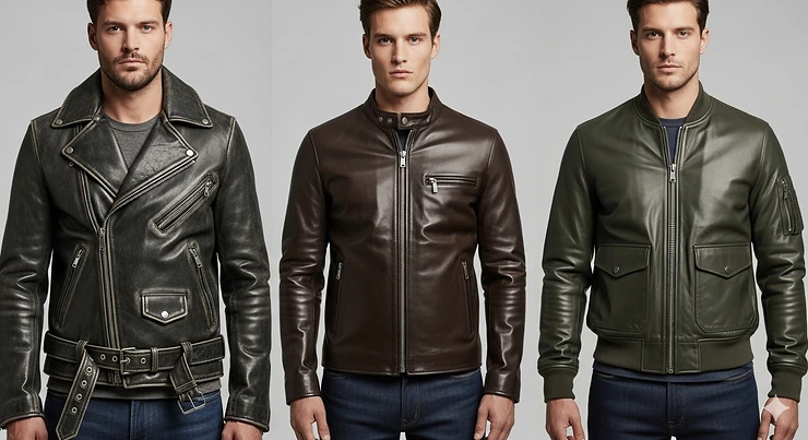 A visual comparison of different men's leather jacket styles, including the biker, cafe racer, and bomber jackets.