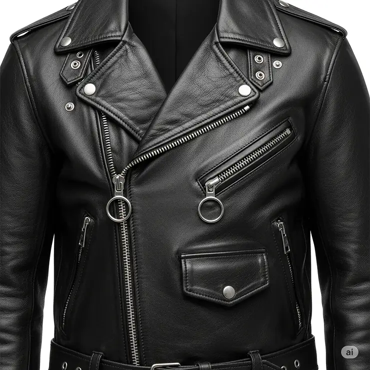 Detailed view of a double rider jacket, showing the asymmetrical zipper, wide lapels, and studded epaulets characteristic of this popular type of biker jacket.