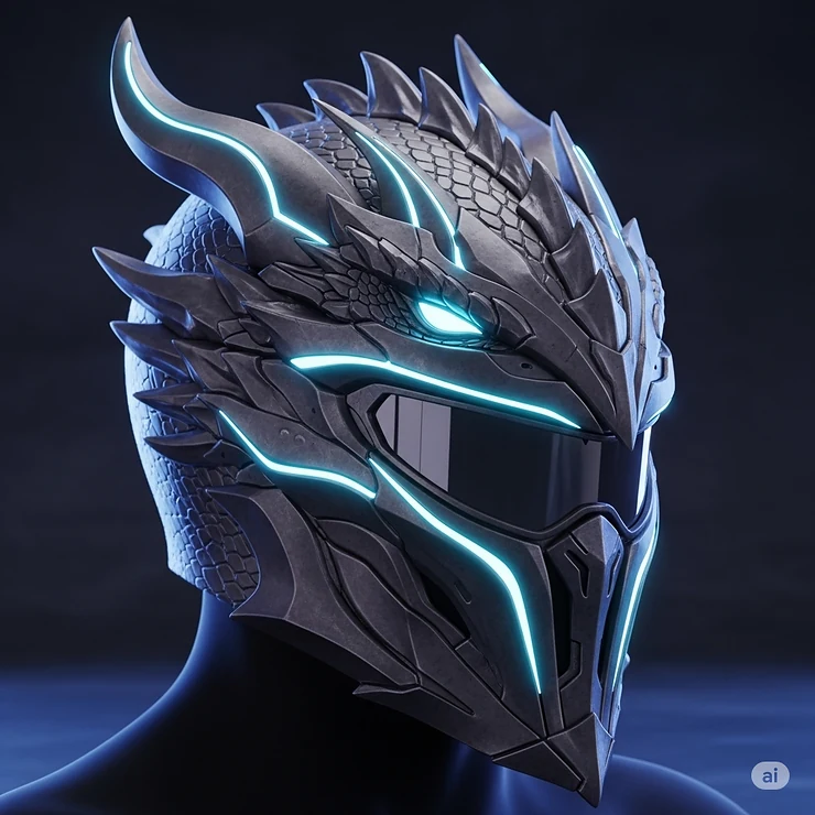 A sleek, modern interpretation of a dragon helmet, suitable for cosplay or a futuristic armored suit, with glowing LED accents.