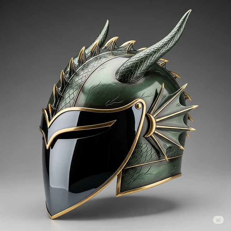 A side-profile view of the unique dragon-themed helmet, highlighting the elegant curvature of the visor and the detailed ear guards.