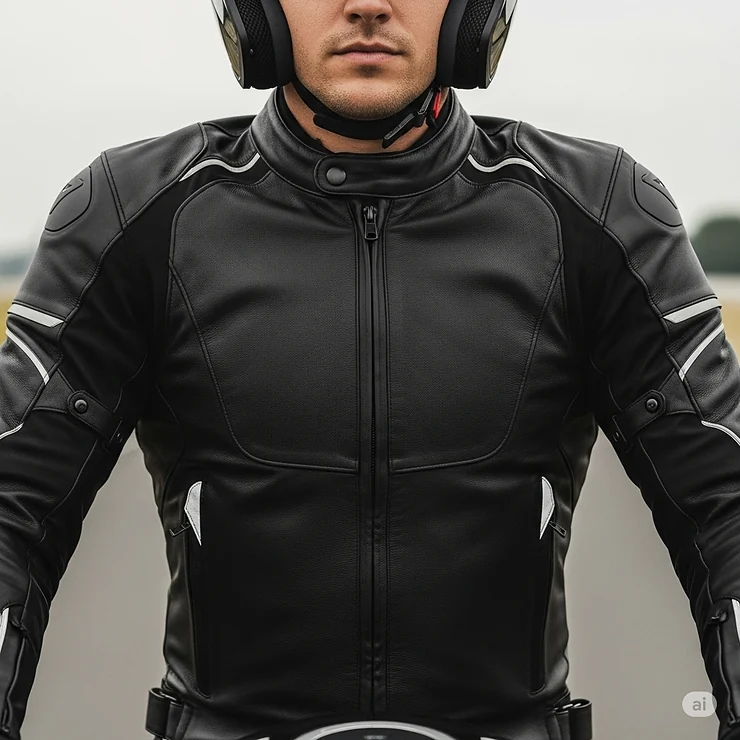 A front view of a rider wearing a stylish black armoured motorcycle leather jacket with reflective piping and a sleek, ergonomic design.