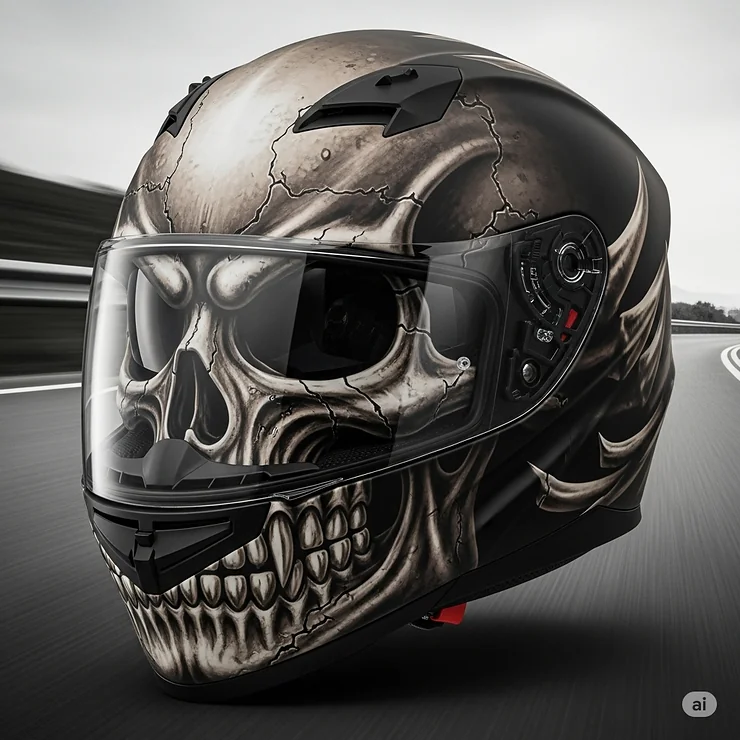 A full-face motorcycle helmet featuring a prominent skull graphic, providing maximum protection with a bold look.