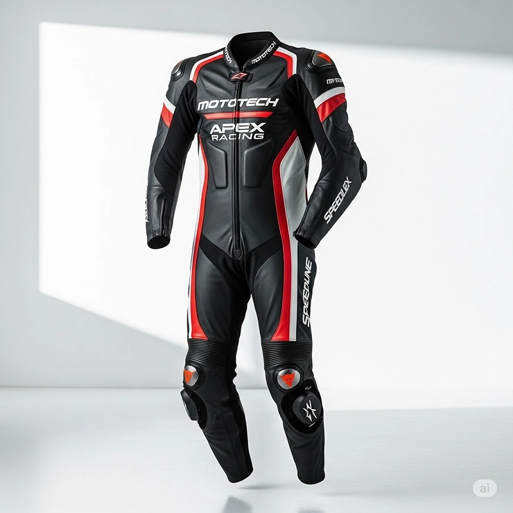 A rider sits on a sportbike wearing a black and red, one-piece full motorcycle suit, with armored protection visible on the knees and elbows.