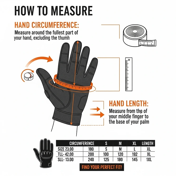 An infographic illustrating how to measure a man's hand for the correct motorcycle glove size.