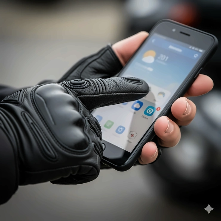 A man's gloved finger using a smartphone screen, demonstrating the touchscreen-compatible feature of the motorcycle gloves.