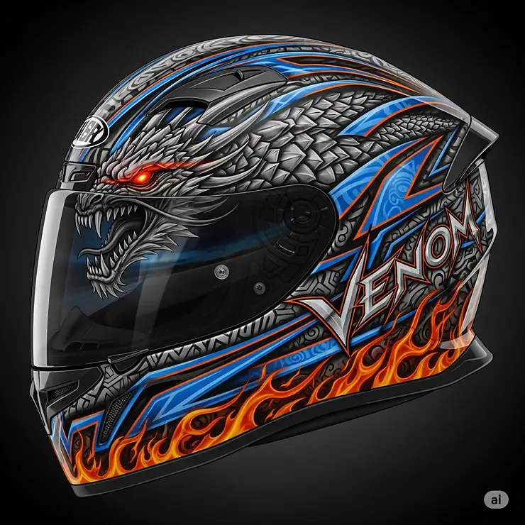 Illustration highlighting intricate graphic designs and custom paint schemes on a motorcycle helmet, demonstrating how these details contribute to a truly badass appearance.