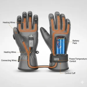 Diagram illustrating the internal electric heating system of a pair of heated winter motorcycle gloves, showing the placement of wires and the battery pack.