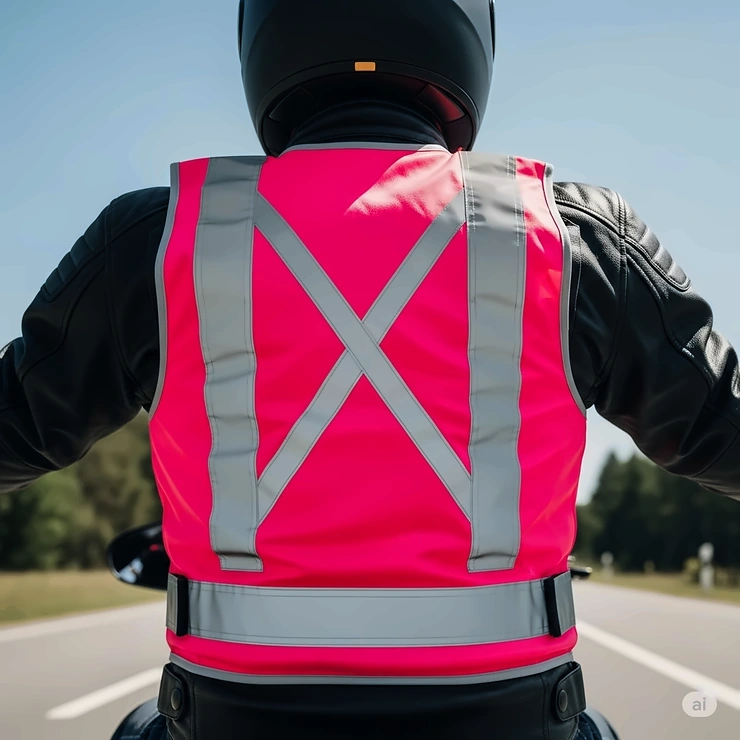 A bright pink high-visibility motorcycle vest worn over a black jacket, ensuring the rider is easily seen on the road.