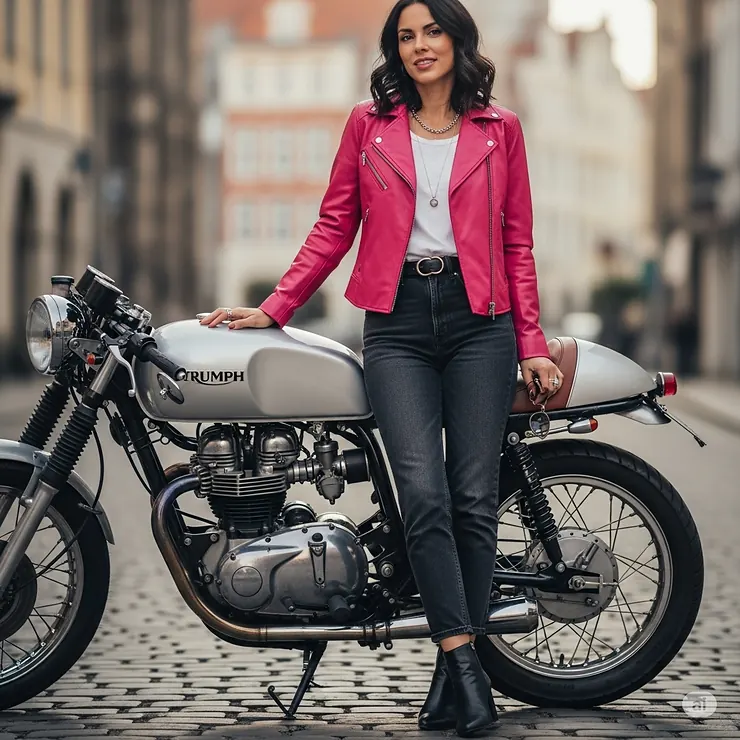 A stylish woman wearing a classic hot pink leather motorcycle jacket, standing next to a vintage cafe racer motorcycle, embodying a chic and rebellious aesthetic.