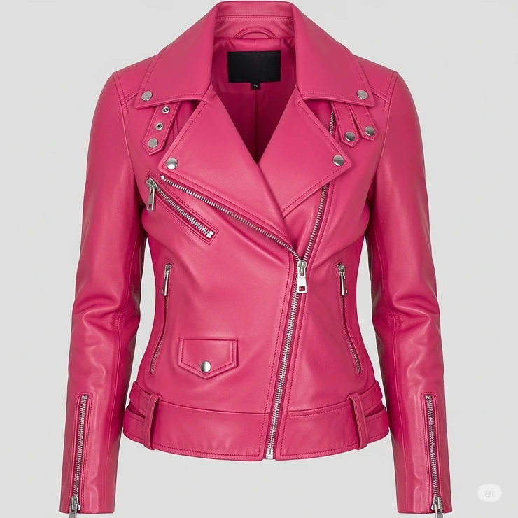 Front view of a vibrant hot pink leather motorcycle jacket, highlighting the asymmetrical zipper and lapel details.