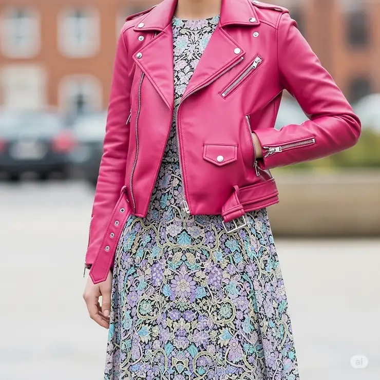 A unique styling idea: a hot pink leather motorcycle jacket worn over a floral dress, creating a contrast between edgy and feminine styles.