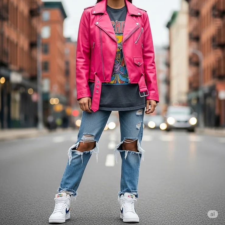 A complete fashion outfit featuring a hot pink leather motorcycle jacket paired with ripped jeans and a graphic tee, styled for a casual day look.