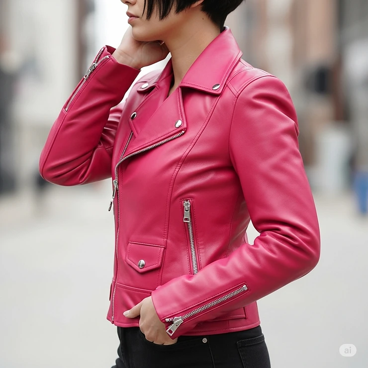Side profile of a person wearing a hot pink leather motorcycle jacket, revealing the structured silhouette and zippered cuff sleeves.