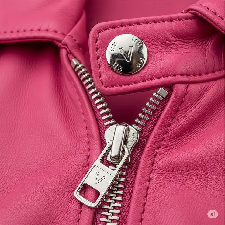 Close-up of the polished silver zipper and snap button details on a hot pink leather motorcycle jacket, showing the quality hardware.
