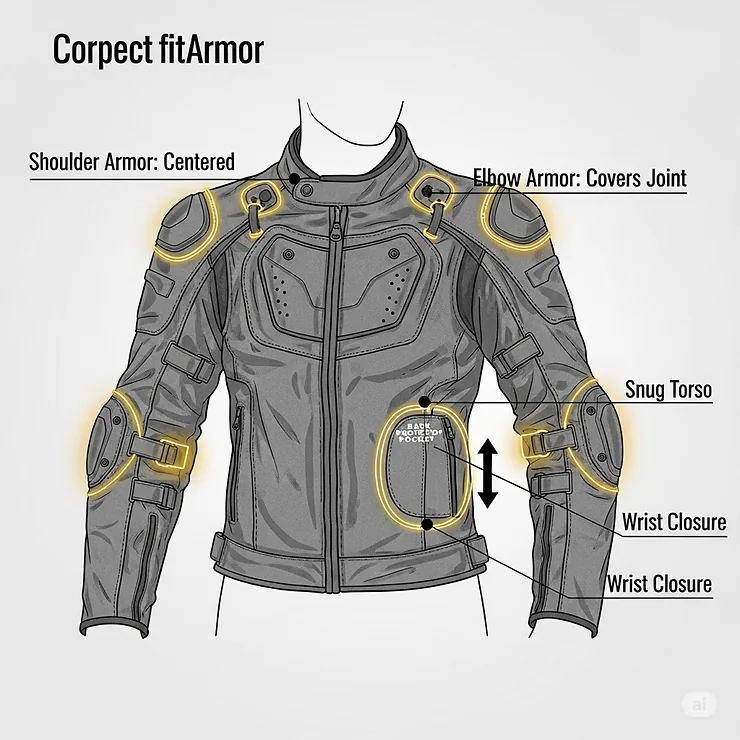 A diagram illustrating the correct fit of a street legal motorcycle jacket, ensuring the armor is properly positioned on the shoulders and elbows.