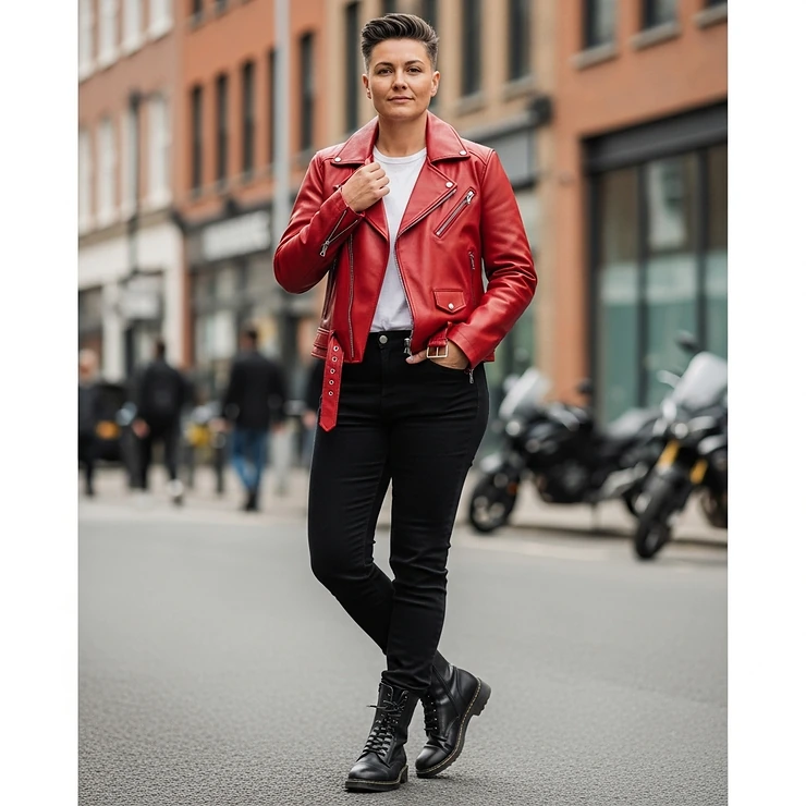 Lifestyle image of a person styling a red motorcycle jacket with black jeans and boots, demonstrating a popular outfit.