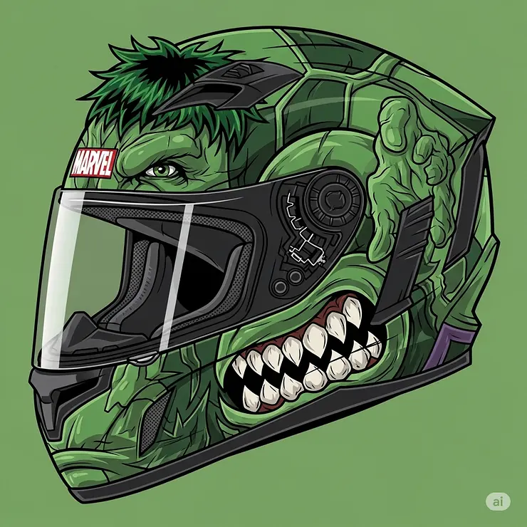 A vibrant illustration of a Hulk themed motorcycle helmet, featuring a powerful green design and a menacing yet stylish look for Marvel enthusiast riders.