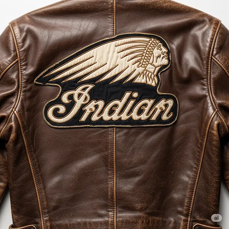 The back of a genuine vintage Indian Motorcycle jacket, highlighting the classic "Indian" embroidered patch or embossed logo.