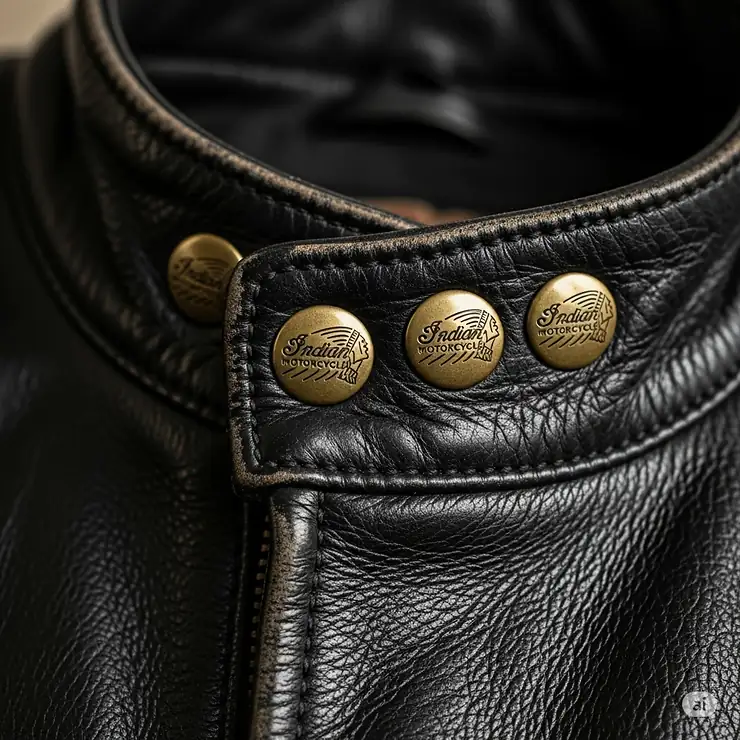 Detail of the classic snap-down collar on a vintage Indian Motorcycle leather jacket.