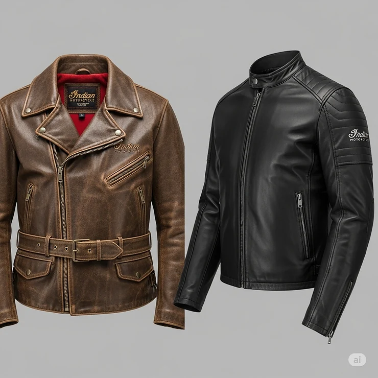 A side-by-side comparison of a vintage Indian Motorcycle jacket with a modern one, highlighting the differences in style and era.