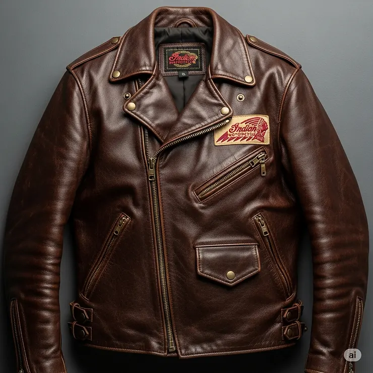 Front view of a well-preserved vintage Indian Motorcycle leather jacket, featuring its distinct zippers and snap buttons.