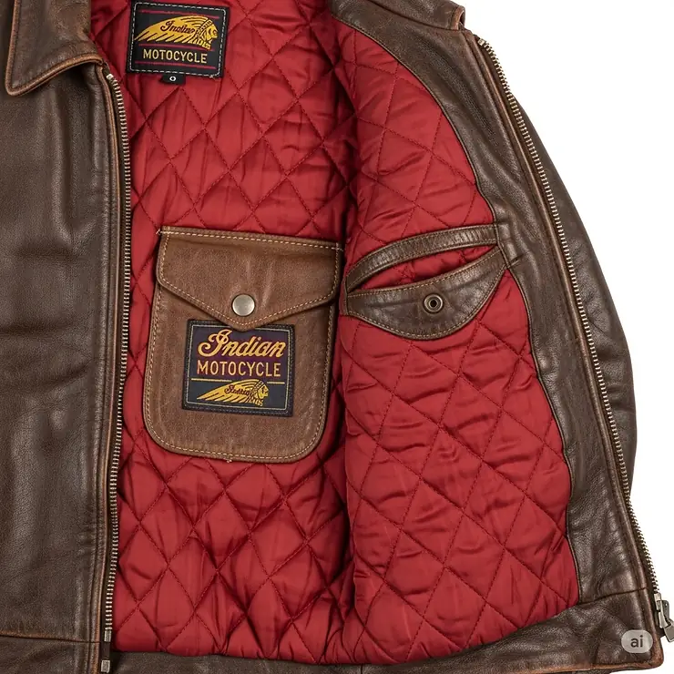Inside view of a vintage Indian Motorcycle jacket, revealing the quilted lining and interior pocket design.