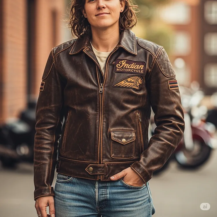 A person wearing a vintage Indian Motorcycle jacket, demonstrating its stylish fit and timeless appeal.