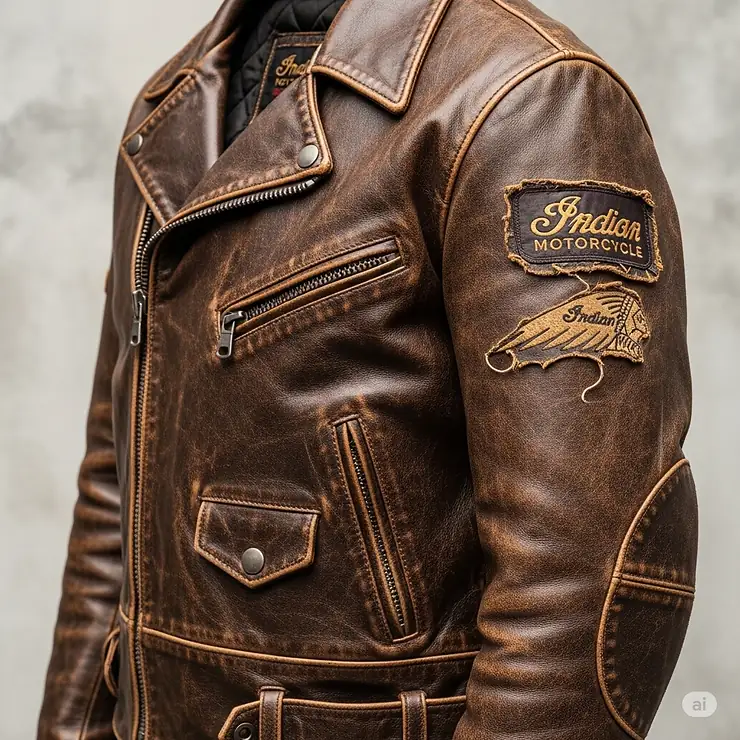 A side shot of a vintage Indian Motorcycle jacket, emphasizing the distressed leather and rich patina developed over time.