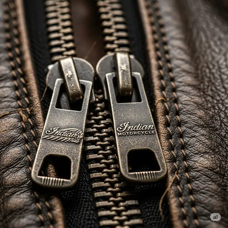 Close-up detail of the heavy-duty zippers on a vintage Indian Motorcycle jacket, showing quality craftsmanship and hardware.