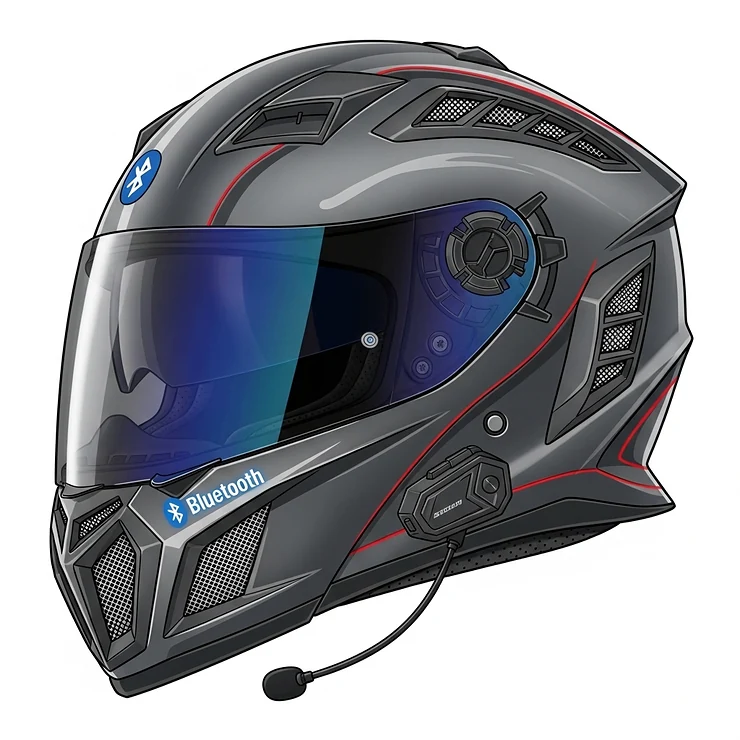 An illustration showcasing a motorcycle helmet with integrated Bluetooth communication and advanced ventilation systems, representing the cutting-edge of badass helmet technology.