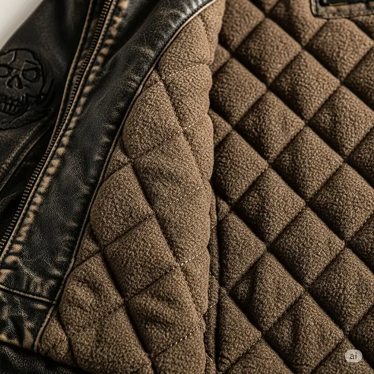 A look at the soft, quilted interior lining of a skull leather jacket, designed for comfort and warmth.