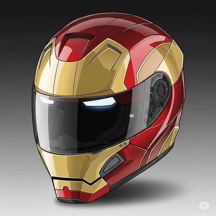 An illustration of an Iron Man themed motorcycle helmet, highlighting its sleek design and iconic red and gold color scheme, perfect for Marvel fans.