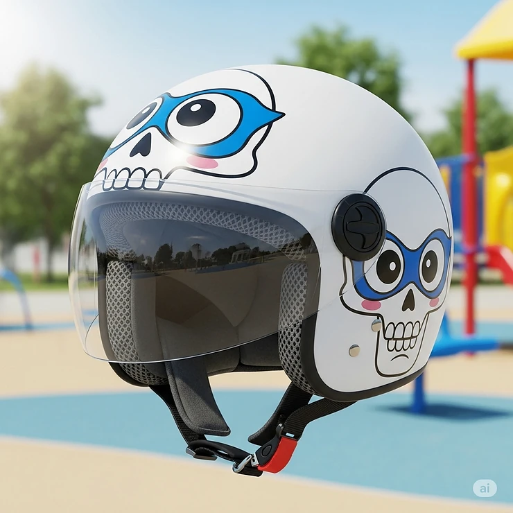 A child's motorcycle helmet with a fun, cartoonish skull graphic, ensuring safety and style for young passengers.