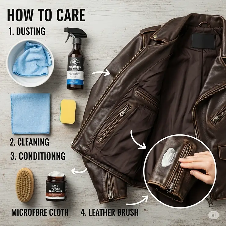 A guide on how to care for a brown motorcycle jacket, with a focus on cleaning and conditioning leather.