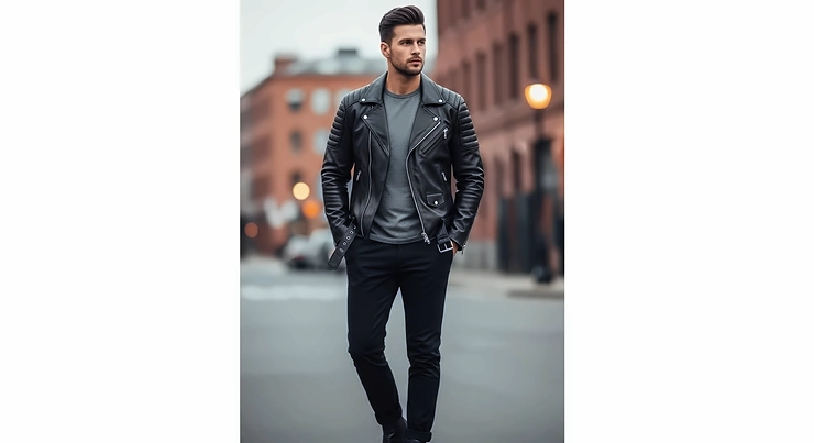 A stylish outfit featuring a men's moto leather jacket, paired with a simple t-shirt and dark trousers for a casual look.