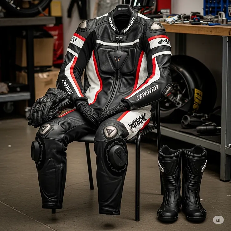 A classic leather full motorcycle racing suit, known for its superior abrasion resistance and durability.