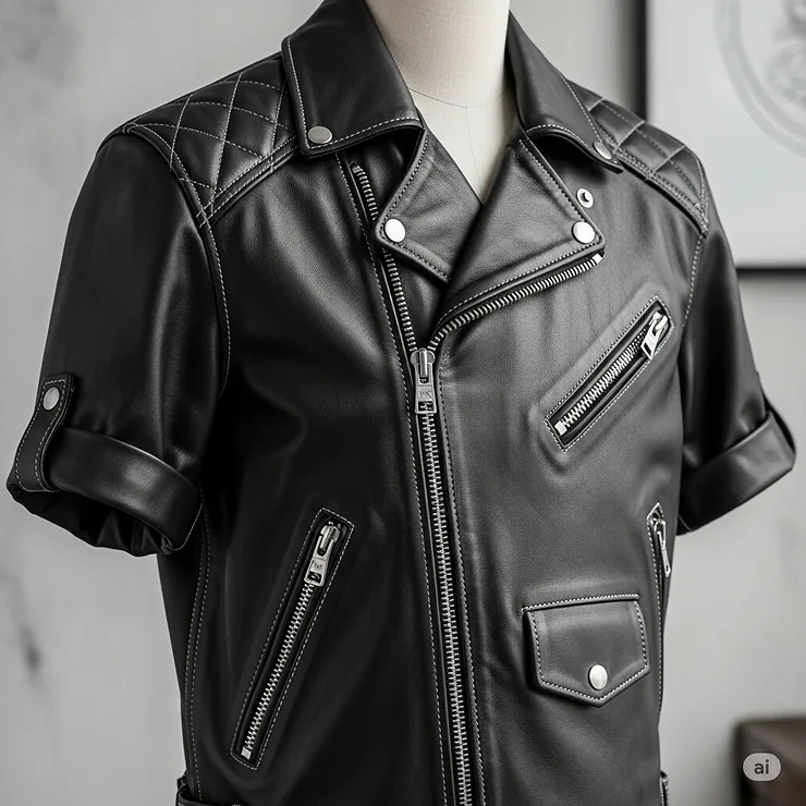 A high-resolution image showcasing the fine details of a leather short sleeve motorcycle jacket, including the zipper hardware and reinforced seams.