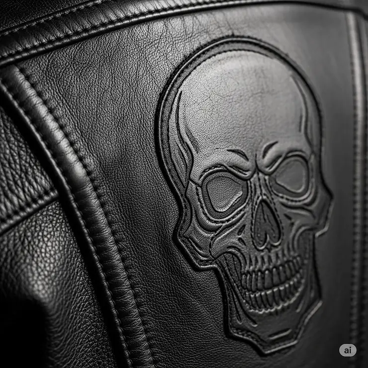 A macro shot of the premium leather texture used to craft a stylish skull motorcycle jacket.