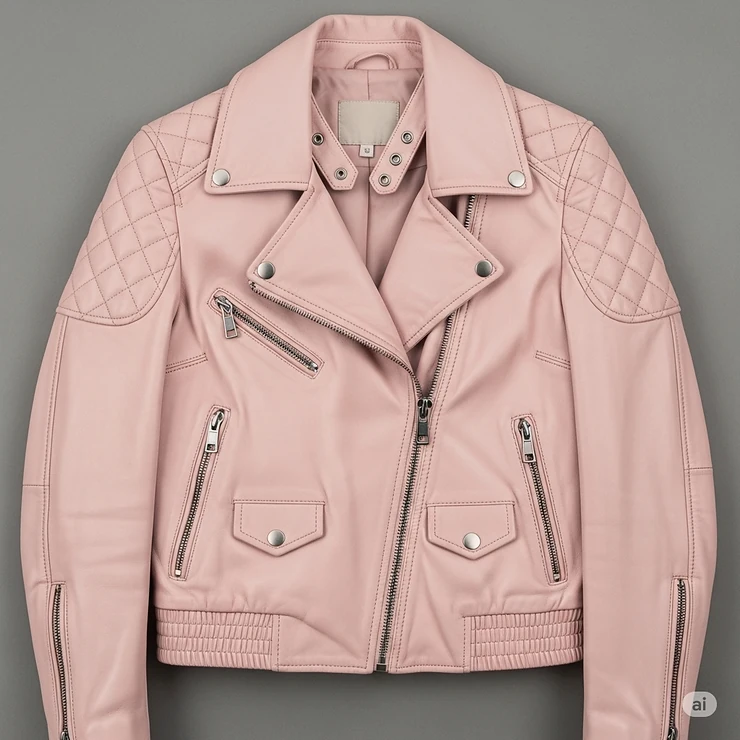 A light pink biker jacket with quilted shoulder accents and a classic moto-style collar.