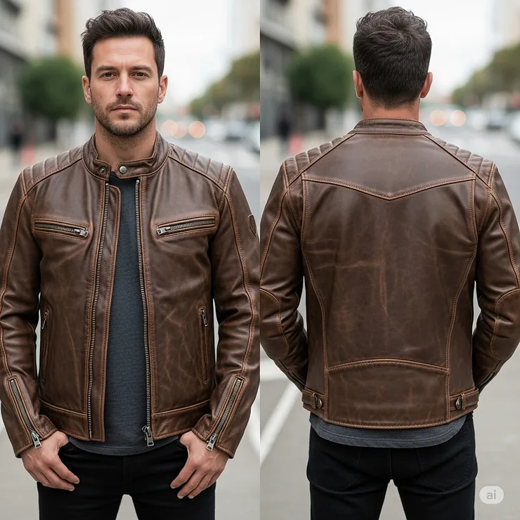 Front and back view of a man wearing a brown leather motorcycle jacket, showcasing the fit and design from all angles.