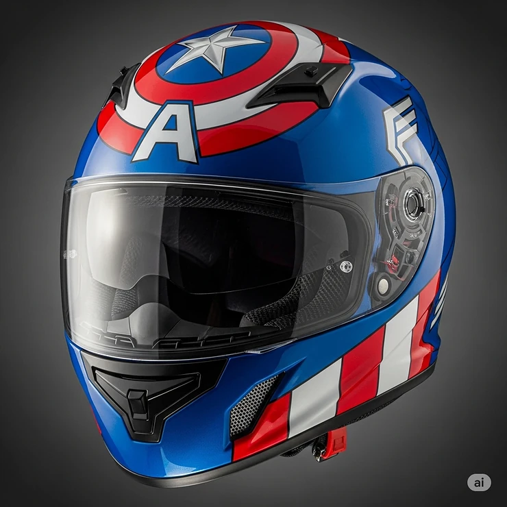A striking close-up of a high-quality Marvel motorcycle helmet featuring a detailed Captain America design, showcasing its vibrant colors and protective visor.