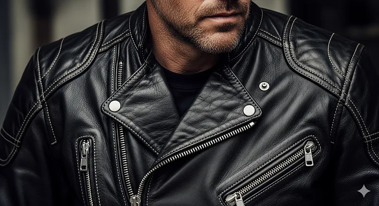 A close-up shot of a man wearing a classic black motorcycle leather jacket, highlighting the detailed stitching and zippered pockets.