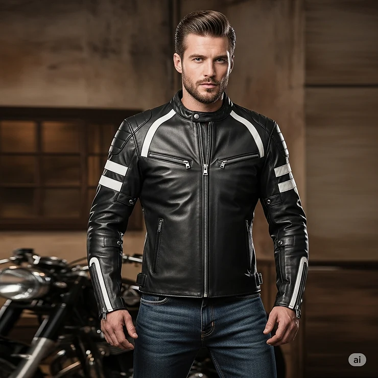 The sleek fit of a men's black and white motorcycle jacket, ideal for a classic biker aesthetic.