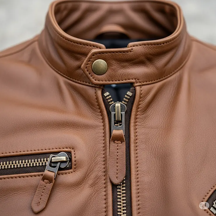 A detailed shot of a men's brown motorcycle jacket, highlighting the collar and zipper design.