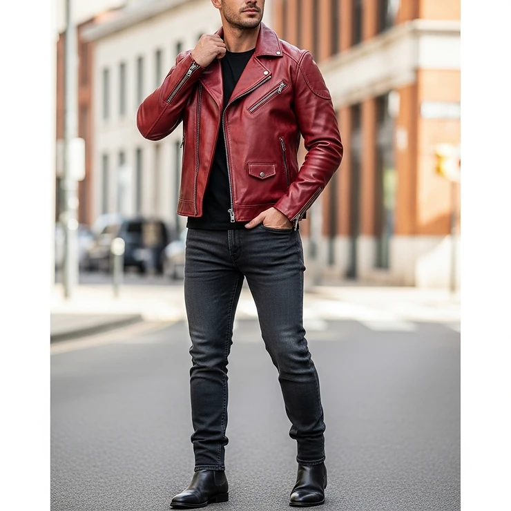 Full body shot of a man modeling a slim-fit men's red motorcycle jacket, showcasing its versatile style.