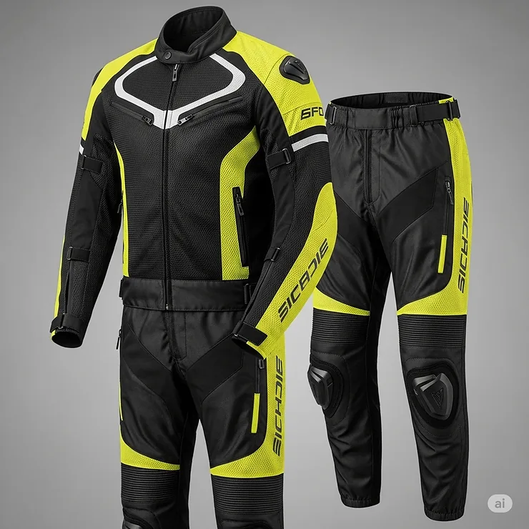 A lightweight, mesh two-piece motorcycle suit designed for summer riding, showing its high-visibility yellow accents.
